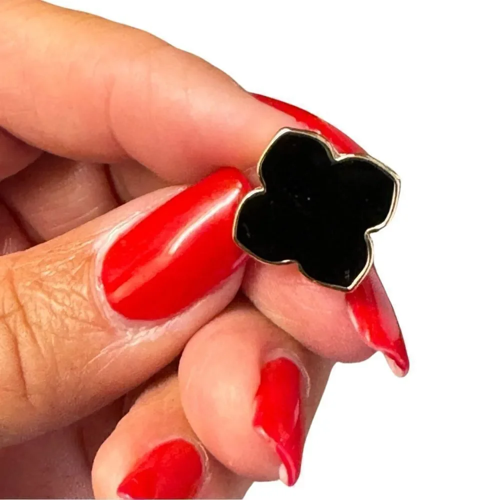 Four Leaf Clover Pattern Black and Gold Post Earrings with Velvet Case NWT